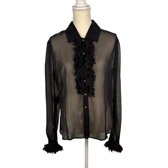St John Womens Black Sheer Ruffle Front Button Up Blouse Size 10 Crystal Buttons - Picture 2 of 14